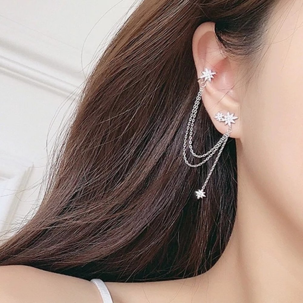 *925 Sterling Silver Diamond Star Chain Earrings